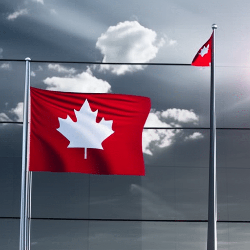 E of a Canadian flag with an Ethereum logo superimposed over it, with a subtle animation of a series of charts and graphs in the background