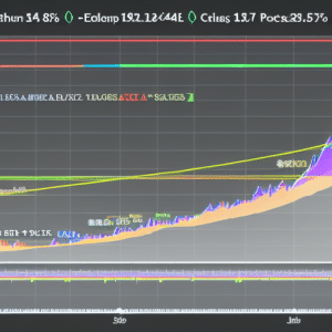 , multi-colored graph showing a sharp upturn in Ethereum prices, with a series of peaks and troughs for trading analysis