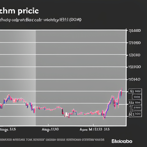 background with a black line graph showing the rise and fall of the Ethereum price today, with colorful markers for significant points