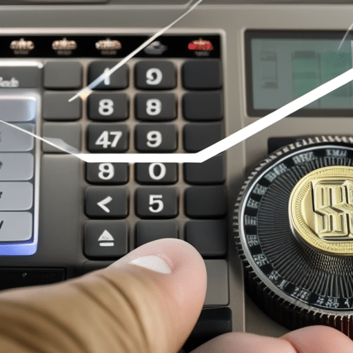 -up of a hand hovering over an Ethereum coin with a calculator in the background, indicating conversion