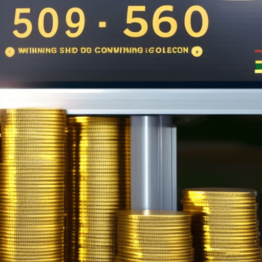 of gold coins and a graph of a rising line on a computer monitor, with a hand pointing to the peak