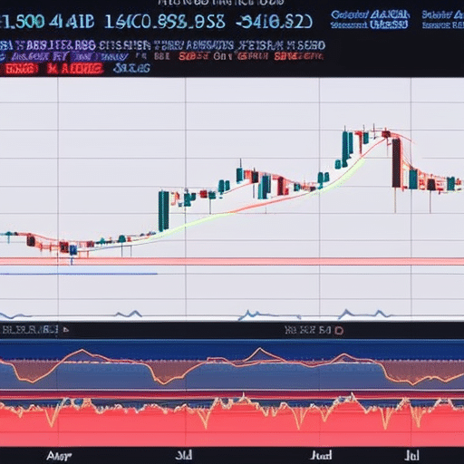 Graph charting the fluctuations of the Ethereum price in USD, with colorful candlesticks and a moving line