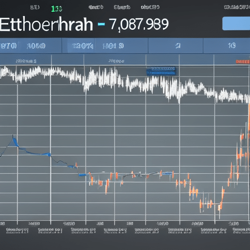 An image of a live chart of Ethereum prices with arrows showing upward and downward movements