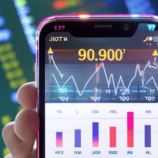 Phone showing a colorful, dynamic chart of the Ethereum exchange rate, with arrows and trends pointing upwards