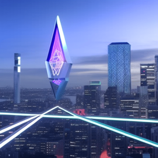 Istic 3D illustration of a holographic Ethereum symbol hovering above a cityscape with its price graph increasing significantly