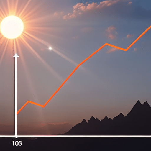 with a line trending upwards, representing the growth and potential of Ethereum, with a rising sun in the background