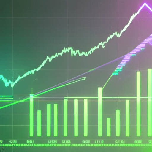 Ated graph of the Ethereum price streaming in real time with digital currency symbols and a glowing green gradient background