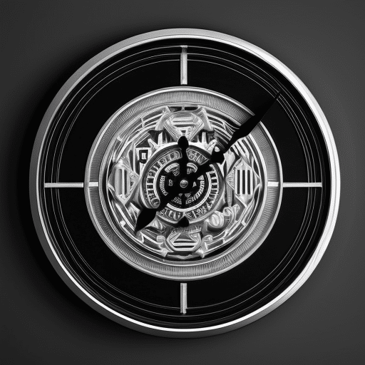 Ract black and white image of a clock, with the second hand slowly ticking around a golden Ethereum coin in the center