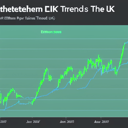 showing the Ethereum price trends in the UK, with bright green and blue lines rising and dipping over a dark background