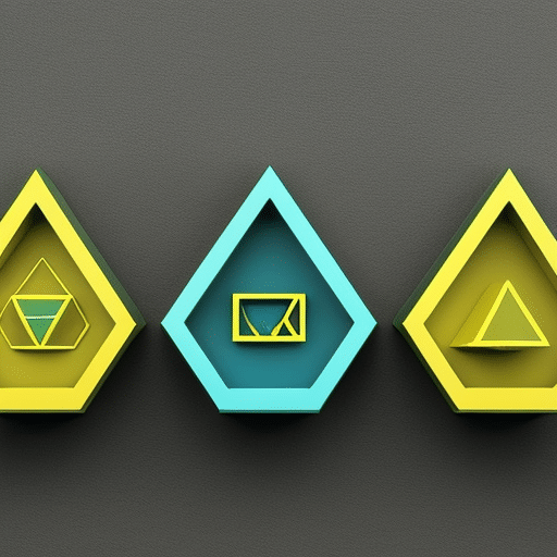 Three geometric shapes in yellow, blue, and green, representing the respective prices of Ethereum, Bitcoin, and their ratio