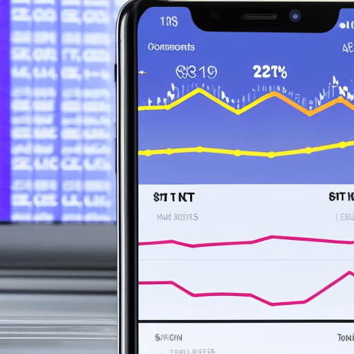 -up of a smart phone screen with a chart app showing a line graph of Ethereum price over time, with colorful arrows pointing upward