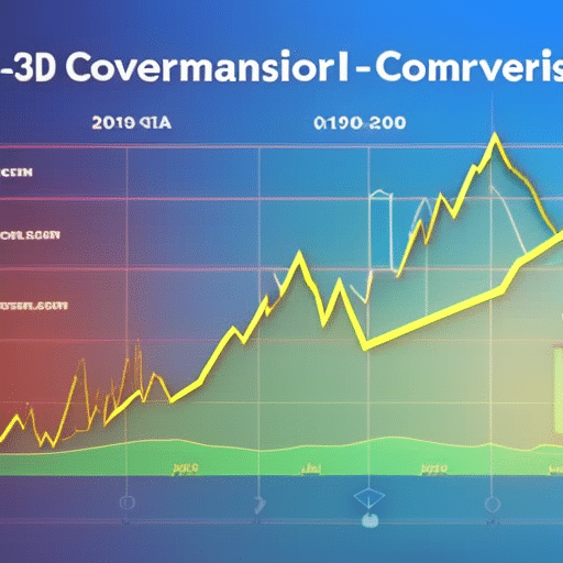 Hued, 3D graph chart that showcases the real-time conversion of Ethereum to Euro, with a glowing arrow pointing upwards to denote growth