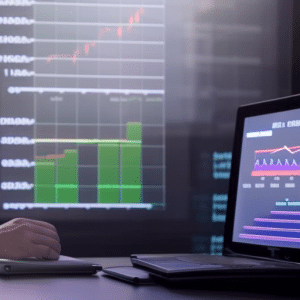 -up of a person intently looking at a computer screen, with a stack of currency to the side, and a graph of Ethereum price fluctuations visible on the screen