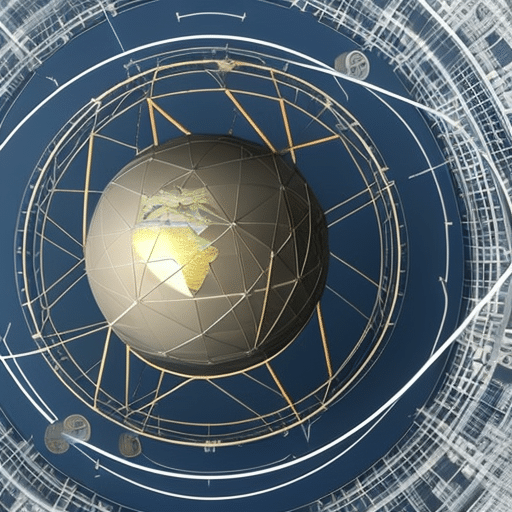 Ic of a globe with a network of lines connecting to a pile of Euros, US Dollars, and Ethereum coins