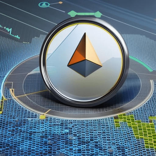 Stration of an Ethereum X coin with a magnifying glass hovering over it, surrounded by a 3D chart with a graph of its daily prices