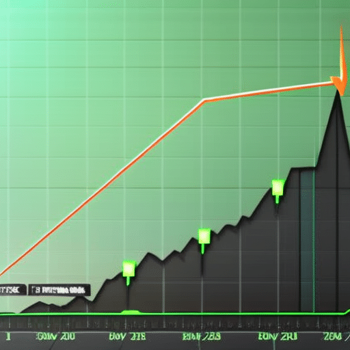 E of a graph with a steep incline representing Ethereum X's rising stock price, with a bright green arrow pointing up