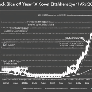 and white graph with curves of Ethereum X prices over the last year, with arrows pointing up and down to indicate highs and lows