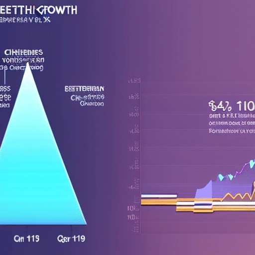 charting the rapid growth of Ethereum X, with a sharp arrow pointing upwards and a circled golden peak
