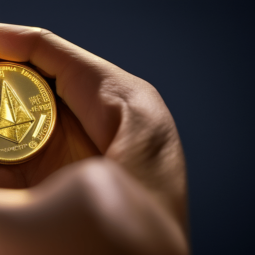 -up of a hand holding a golden Ethereum coin, with the light reflecting off its surface, against a dark blue background