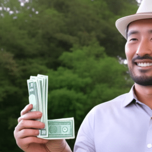 N holding a stack of cash in one hand and a smartphone displaying an Ethereum transaction in the other