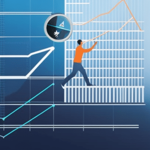 Ic of a person looking up at a graph, with a magnifying glass hovering over the Ethereum (ETH) price line, emphasizing the highs and lows of the market