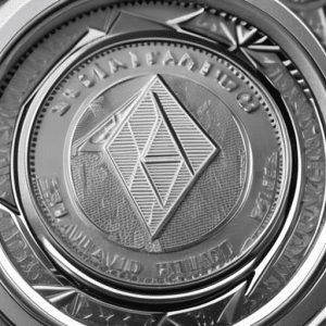 -up of a silver Ethereum coin, surrounded by a flurry of hundred dollar bills, being quickly vacuumed up