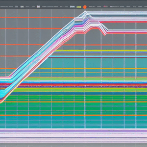 An abstract image showing the historical Ethereum price data in the UK, with vibrant colors and lines that intertwine and overlap to represent the rise and fall of the data