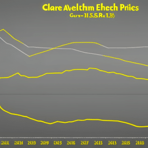 Ractive graph showing the rise and fall of Ethereum prices over time, with a bright yellow representation of the current market value