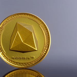 up of a golden Ethereum coin, glistening in the sunlight, with a fraction of a whole visible