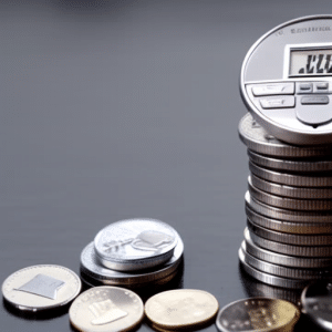 up of a pile of silver coins and a calculator, with a few coins on the calculator's display