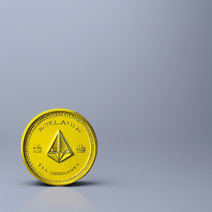 T yellow coin with a stylized "2"in the center, placed on a light blue background with a graph of Ethereum's value over time