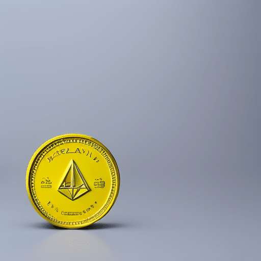 T yellow coin with a stylized "2"in the center, placed on a light blue background with a graph of Ethereum's value over time