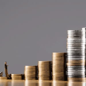 A person sitting at a desk with a calculator and a stack of Ethereum coins, counting out 0