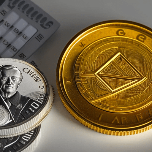 E of a gold Ethereum coin placed next to a Canadian dollar bill, with a calculator in the background