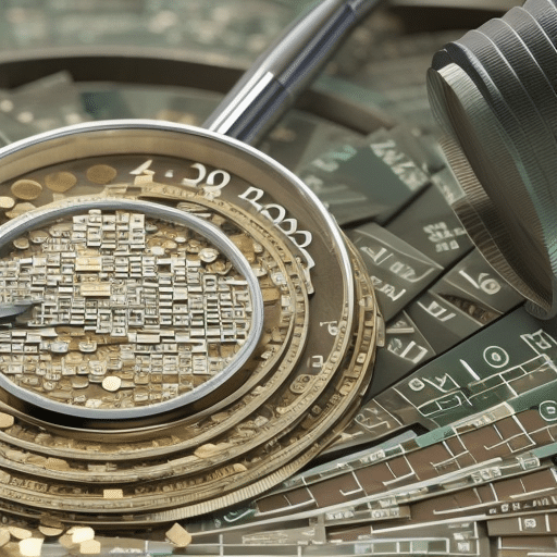 of a coin being split into a pile of Ethereum pieces, with a magnifying glass hovering above