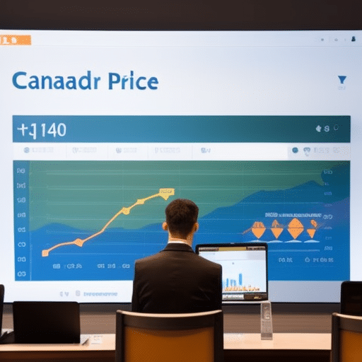 N looking intently at a laptop with a graph on the screen, showing a strong upward trend in Ethereum prices in Canada
