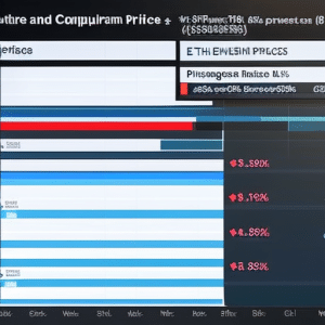 Stor looking at a chart on a computer screen, with a bar graph of Ethereum prices in the UK and a hand hovering over a "buy"button