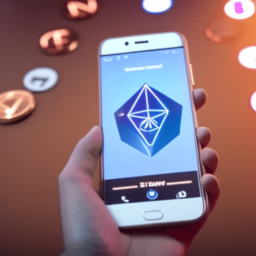 Holding a smartphone with the Ethereum logo on the screen, with coins being staked into the logo