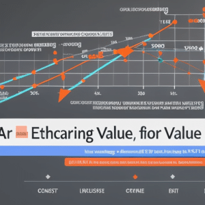 showing a steady line of increasing Ethereum value, with arrows pointing to dips and rises