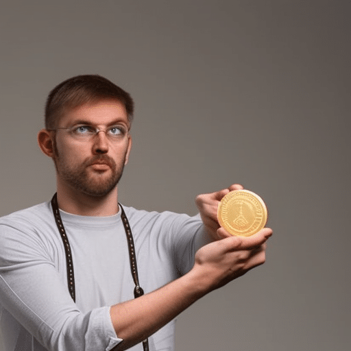 N holding a single Ethereum coin, gesturing towards a stack of coins with one eyebrow raised in contemplation
