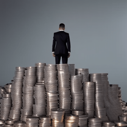 N in a business suit looking down at a pile of coins, some of which are Ethereum
