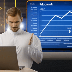 A person, sitting in a modern office, with a laptop and a graph of Ethereum prices in the background