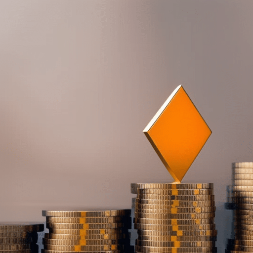 Orange arrow pointing up with a portion of a cryptocurrency graph in the background and a pile of golden coins in the foreground