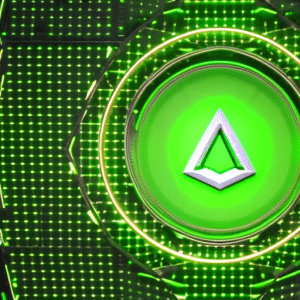 Lapse of a bright green Ethereum logo, spinning in a clockwise motion, with a small, glowing number next to it that changes from 0