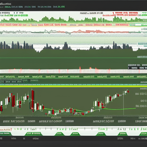 Live Ethereum price chart with rising and falling bars in shades of green and red, including labels for market highs and lows
