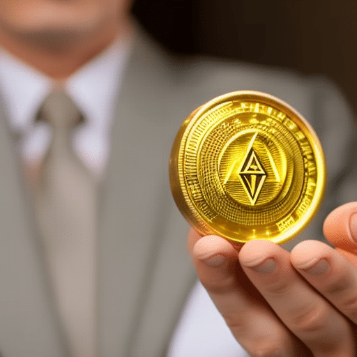 -up of a hand holding a gold coin with a flashing Ethereum logo as a background