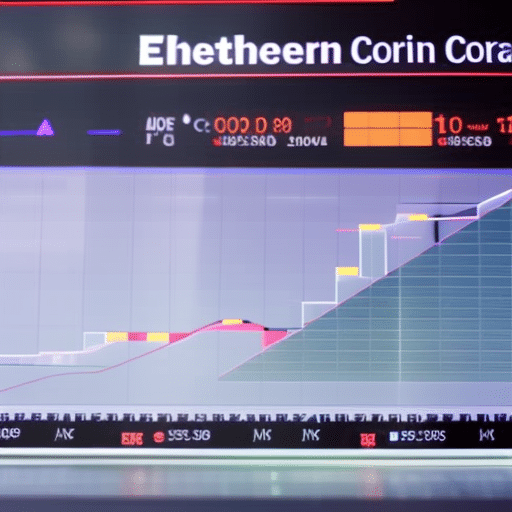 Motion image of a hand moving an Ethereum coin across a digital chart that shows a rising, real-time exchange rate