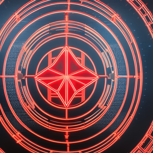 -up of a computer screen with an Ethereum logo surrounded by a web of bright red lines radiating outward
