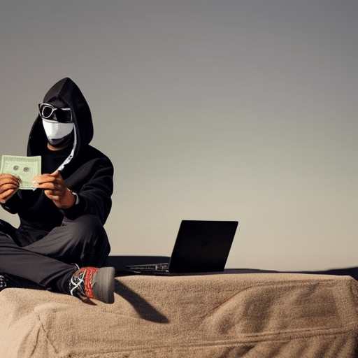 N in a hoodie, wearing sunglasses and a mask, holding a stack of cash and a laptop with an Ethereum logo
