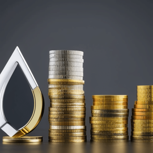 E of a stack of coins with a combination of a gold and silver color, representing the small amount of Ethereum to buy, alongside a magnifying glass emphasizing the best cost